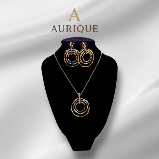 Three Tone Four Rounds Earring, Pendant With Chain